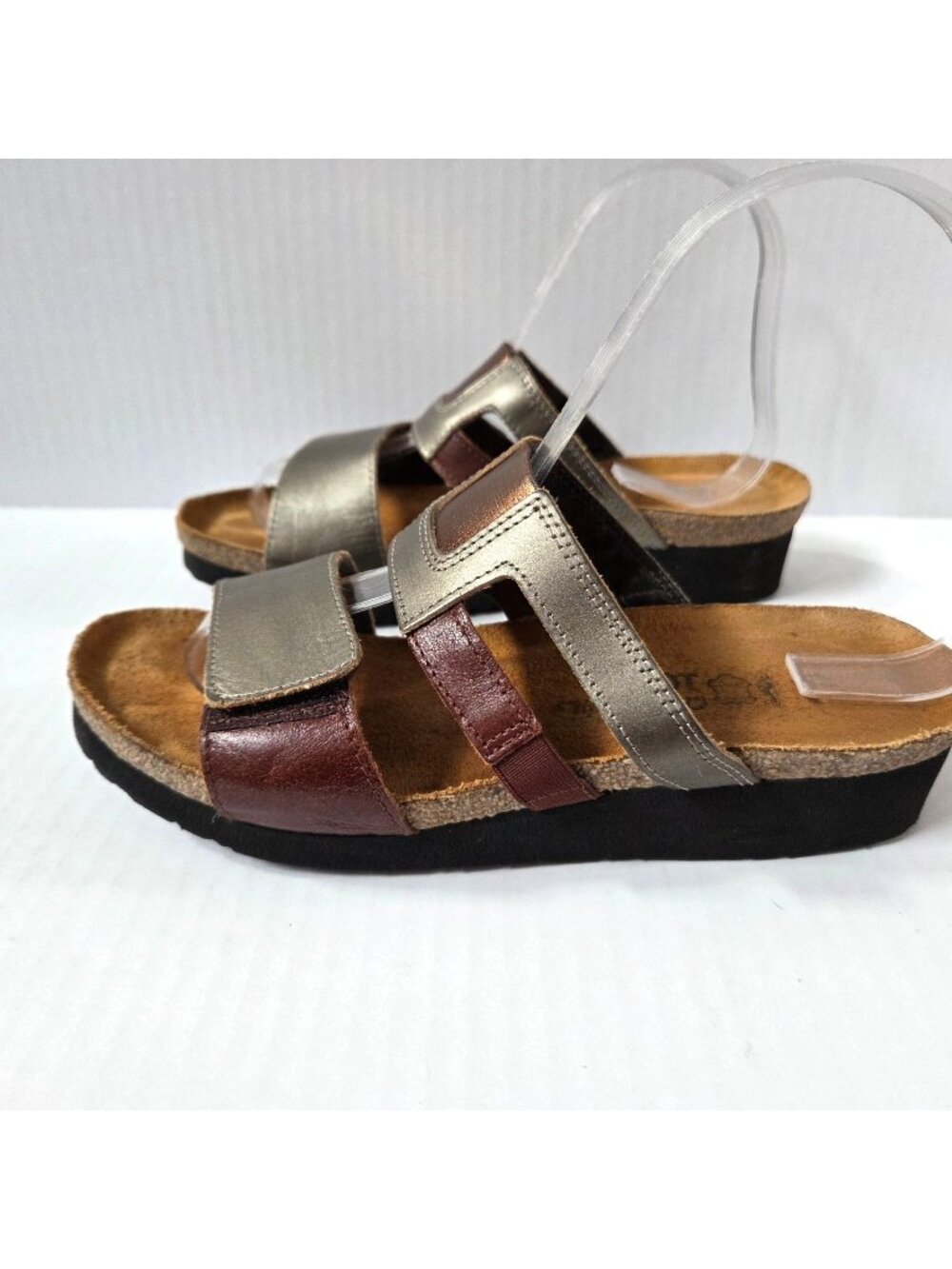 Naot Sandals 38 / 7 Metallic Pewter Brown Nancy Comfort Wedge Slides